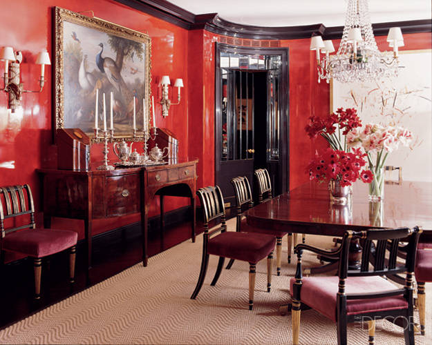 lacquered red walls in a dining room by Brian McCarthy