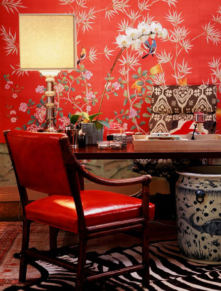 handpainted wallpaper in a home office