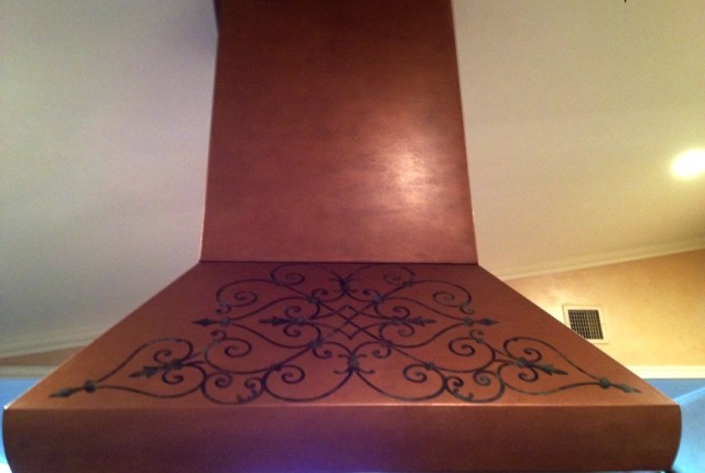 faux copper finish with verigris design on a commercial range hood
