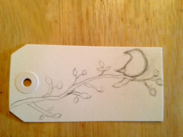 a sketch of a bird on a gift tag