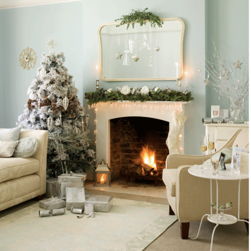 sky blue walls and white Christmas decorations