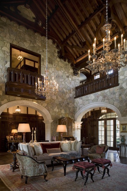 beautiful stone living room in a Tudor style home