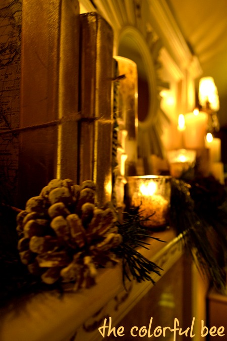 mantel with pinecones, books and candles