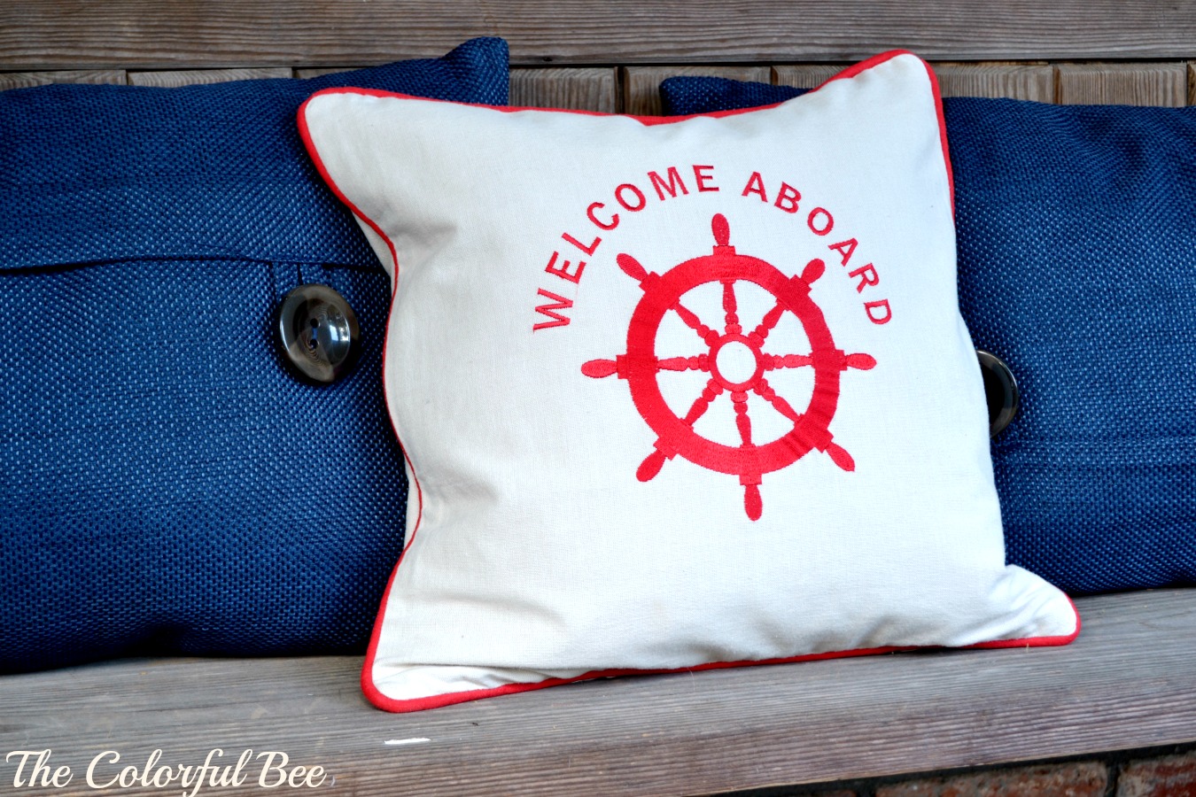 Welcome Aboard pillow and blue pillows for July Fourth celebration