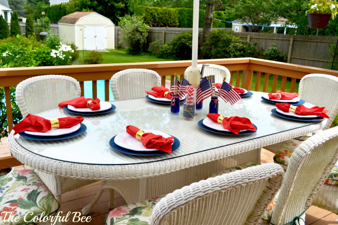 red, white and blue table setting for the Fourth of July
