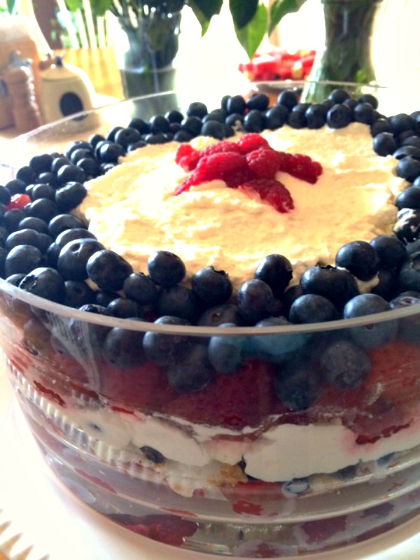 July 4th trifle made of strawberries, raspberries, blueberries, angel food cake and whipped cream
